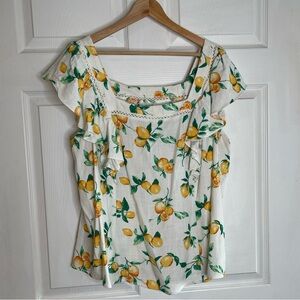 Skies Are Blue Lemon Print Blouse with Ruffle Sleeves